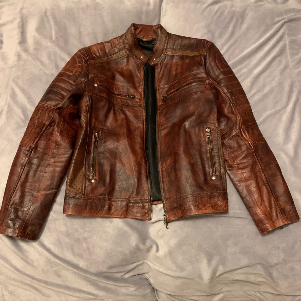 Men’s Distressed Leather Biker Jacket Size Large